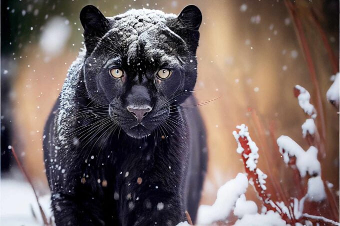 czarna pantera w śniegu